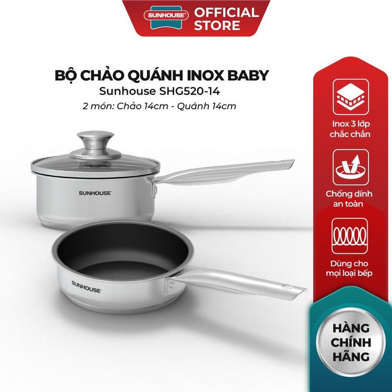  Bộ chảo quánh inox Baby Sunhouse SHG520-14 - Đường kính 14cm - Phù hợp mọi loại bếp - Phủ 2 lớp chống dính inox 3 đáy 