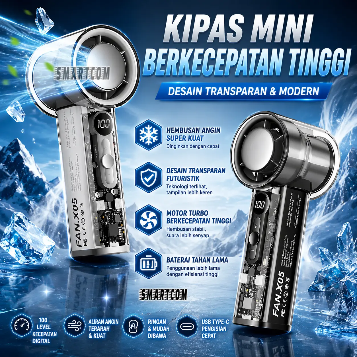SMARTCOM X05 Mini kipas Strong Wind 100 Gear Wind Speed Turbo Fan kipas angin Digital 3000mAh