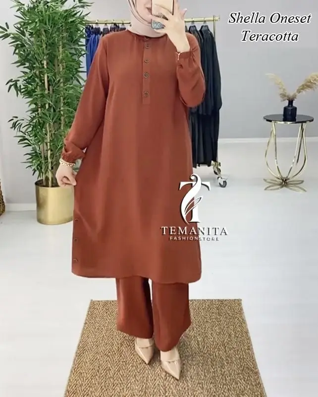 Temawanita SHELLA ONESET PREMIUM SETELAN NYAMAN WANITA MUSLIM DEWASA Formal Panjang Variasi Kancing