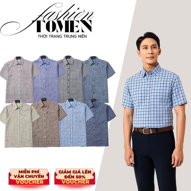 Fashion Tomen Áo Sơ Mi Nam Trung Niên Tay Ngắn Chất Liệu Đũi và Kate Dệt Caro Đơn Giản Phù Hợp Màu Nhã Nhặn Sang Trọng Thanh Lịch Size M-3XL
