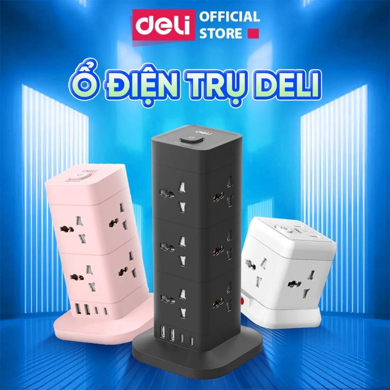   RA MẮT THÁNG 12  Ổ Cắm Điện DELI Sạc Nhanh USBTypeC 20W Ổ Điện Dáng Trụ Để Bàn Cầu Chì Tự Ngắt CSuất 2500W - 4000W Cổng Chống Giật 