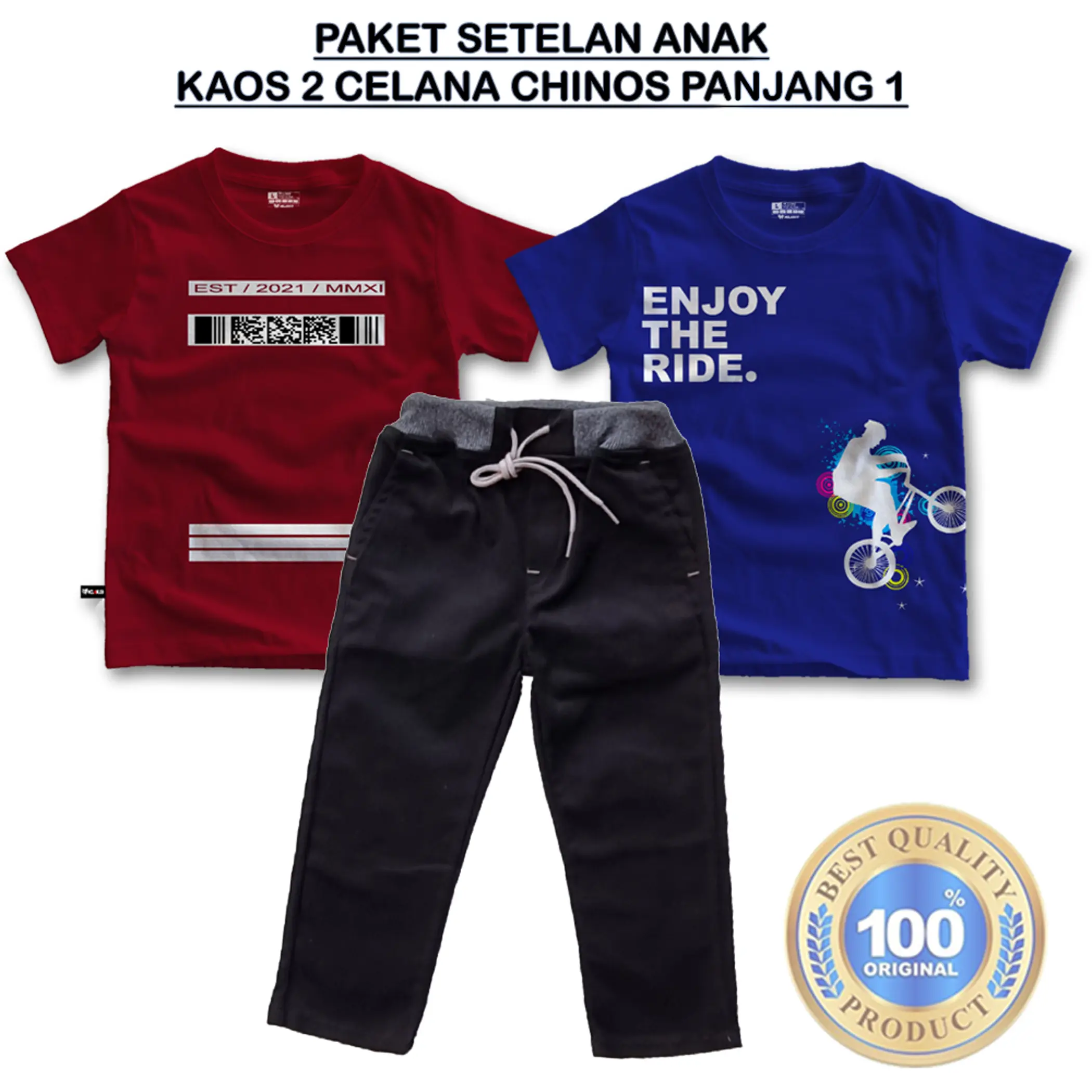 Paket setelan anak laki laki 2 kaos 1 celana Chino panjang usia 3-14 tahun bahan premium Kids Fashion