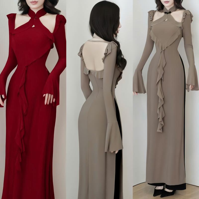 Áo Dài Tết 2026 Set Áo Dài Cách Tân Cổ Yếm Tay Loe Phối Bèo Chất Thun Ladong Hiện Đại Tôn Dáng Cho Nữ Diện Đi Chơi Xuân