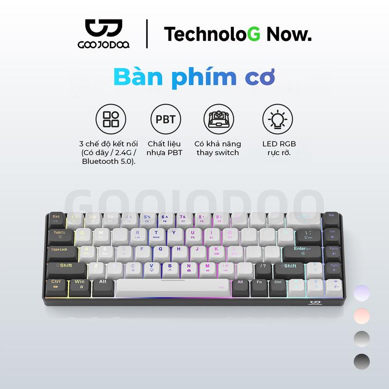 Bàn phím cơ bố cục 68 phím,hiệu suất phím chuẩn Gaming,kết nối có dây,không dây 2.4G,Bluetooth