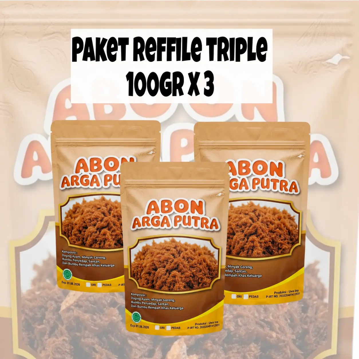 Paket triplle reffile Abon Arga Putra kemasan 100gram x3
