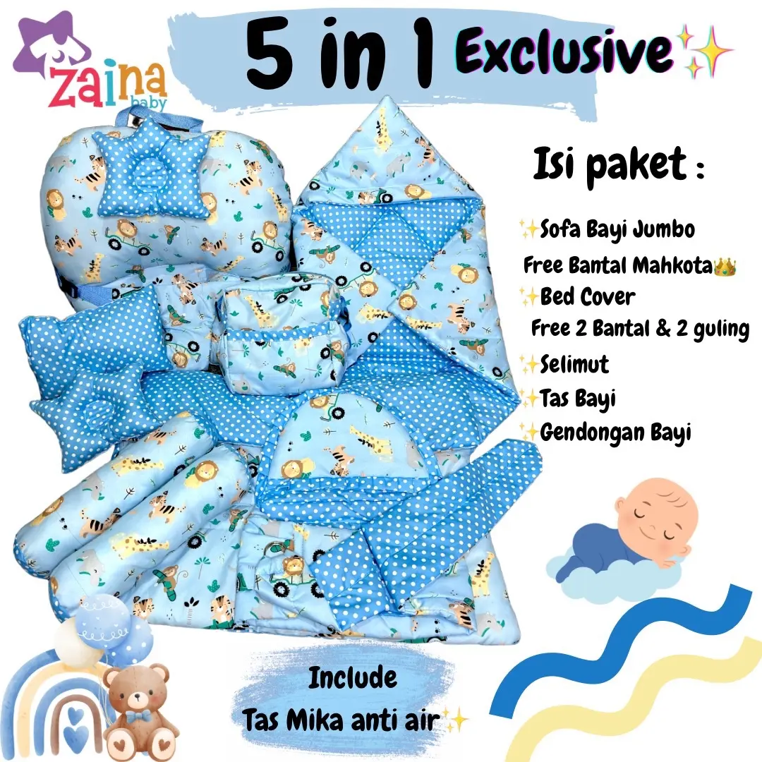 PAKET LAHIRAN EXCLUSIVE 5 IN 1 SOFA BAYI/BEDCOVER/SELIMUT BAYI/TAS BAYI/GENDONGAN