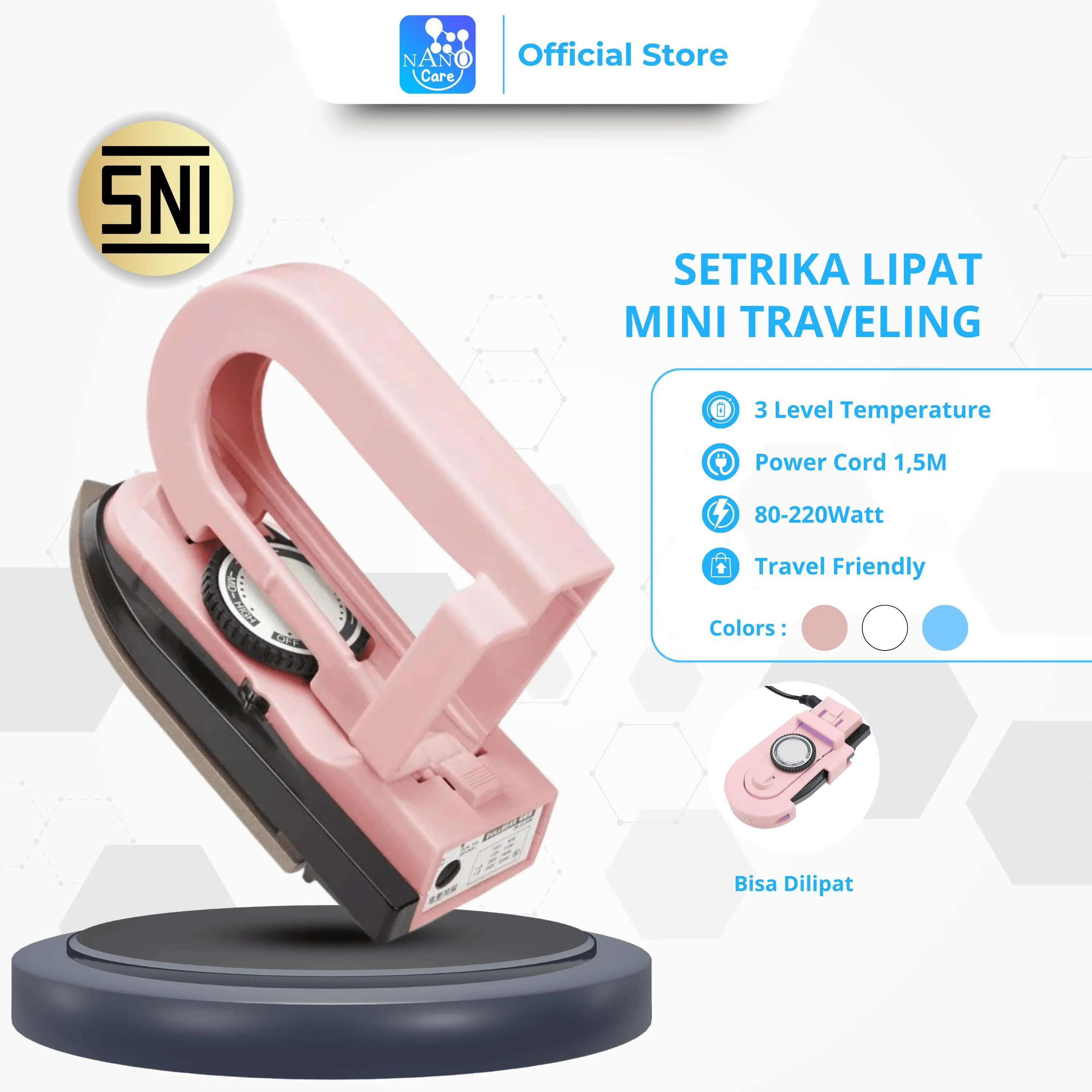 NANO CARE Setrika Mini Travel Dry Iron, Detachable handle Setrika Lipat Mini Portable