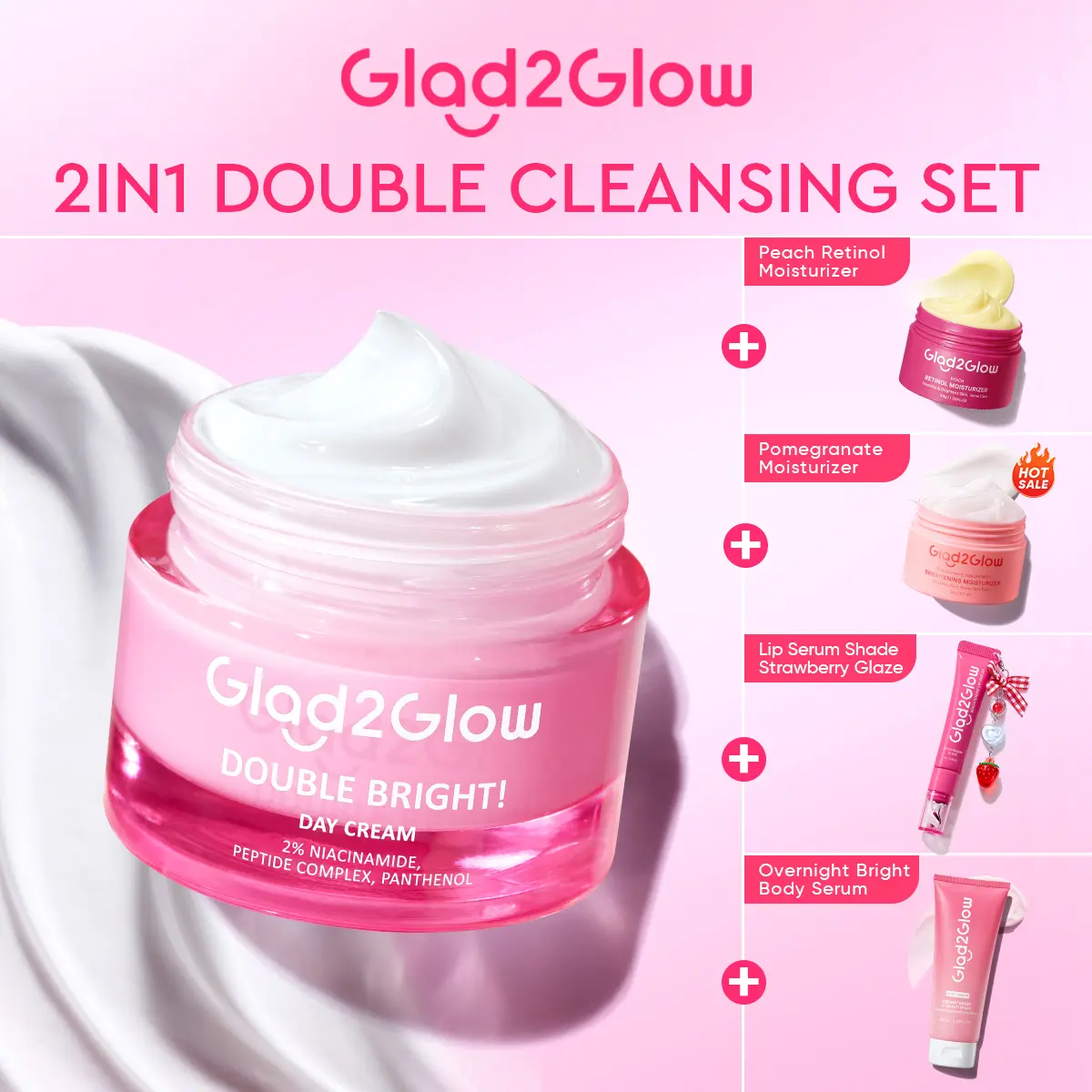 【Hot 2PCS】Glad2Glow Glowing Set 2in1-DAY CREAM + CHERRY MICELLAR WATER / Lip Serum / RETINOL MOISTURIZER (Night Cream) Bersih & Cerah Instan atau Perawatan Siang-Malam Lawan Kusam Penuaan Noda Hitam Jerawat Niacinamide Retinol | tone cream wajah day cream