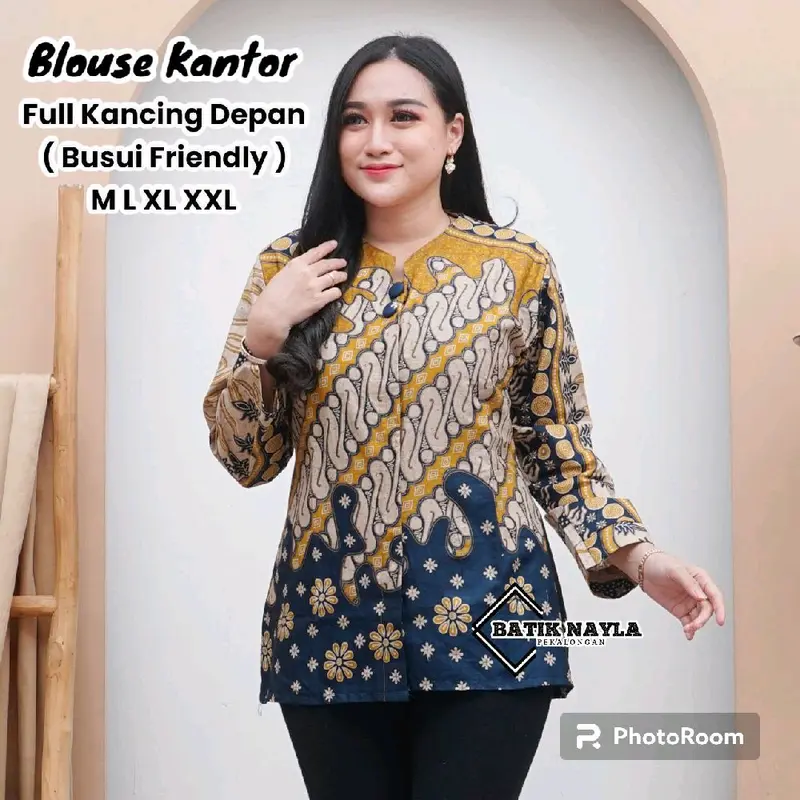 Blus Batik Wanita Atasan Batik Wanita Kantor Kawung Manggar Abu Cumi Sakura 0