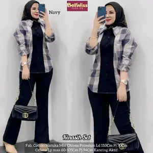 [Ready Stock] Kinasih Setelan Celana Cutbray Wanita Setelan Kemeja Kotak Kotak Dan Celana Cutbray Setelan Cutbray Wanita SETCEL WANITA TERBARU