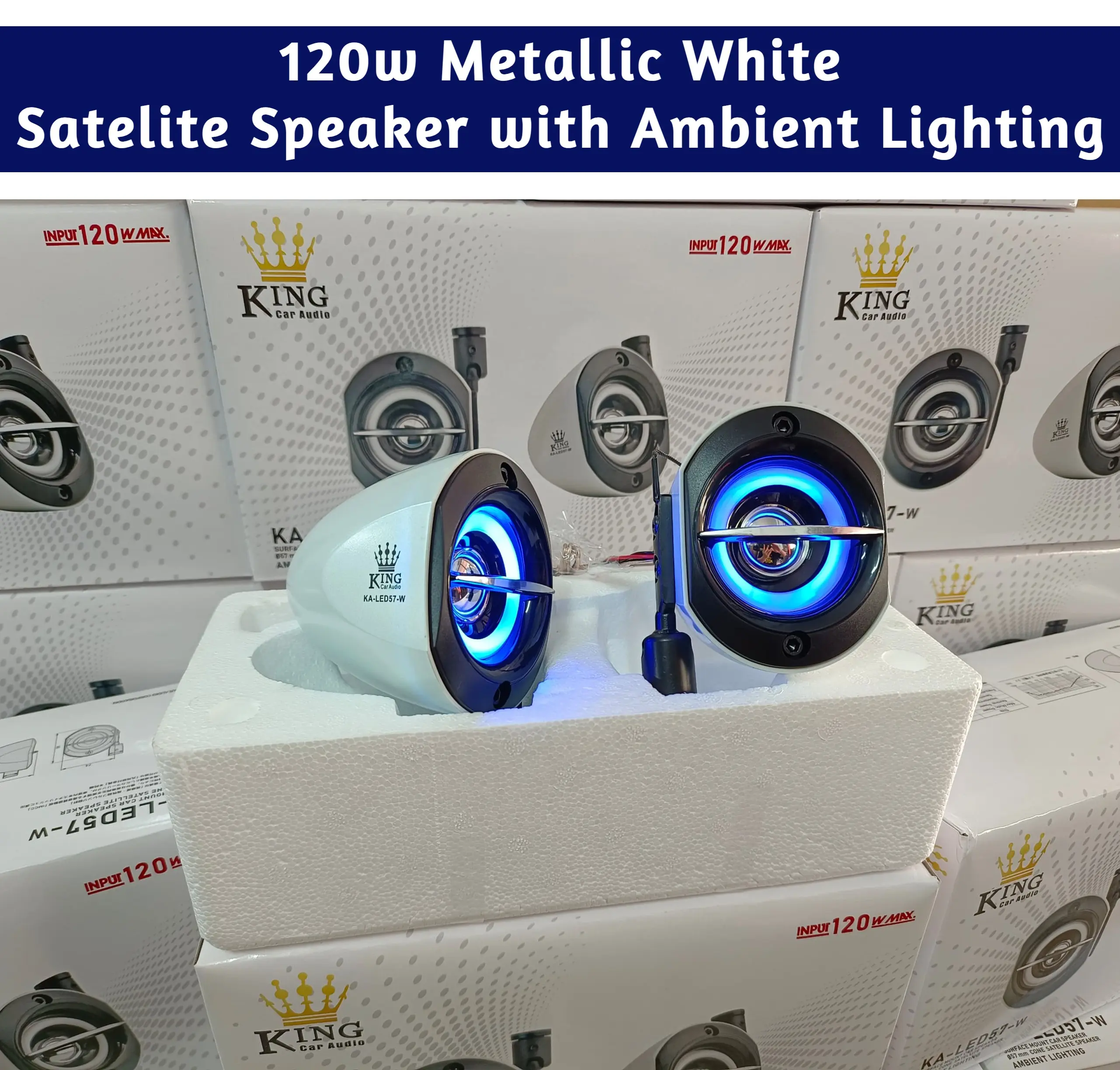 King Car Audio~ 120w Car Satellite Speaker Full Range Speaker with Ambient Lighting Surface Mount Metallic White Color (KA-LED57-W)