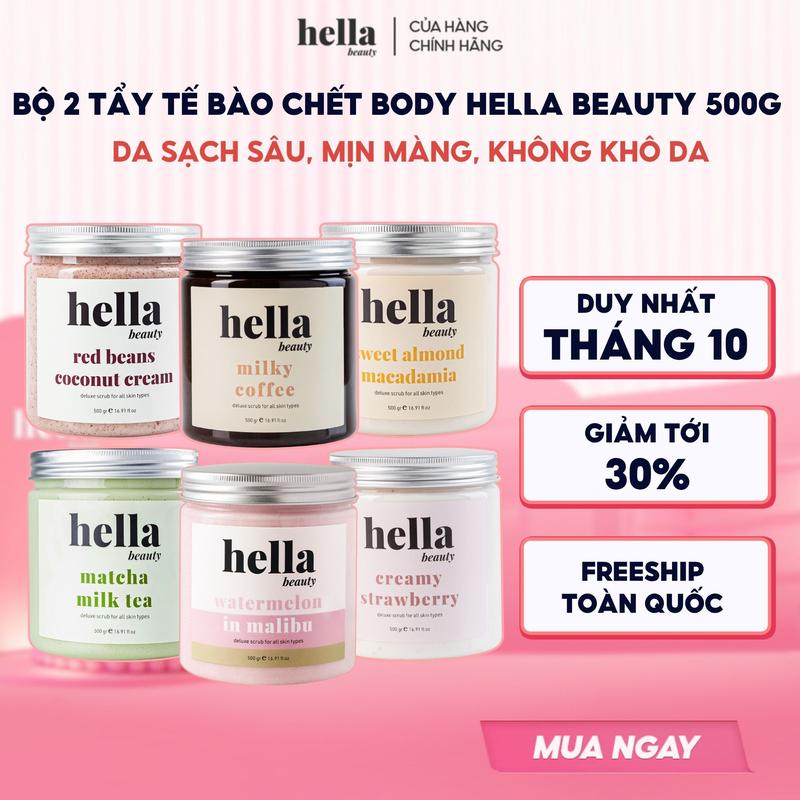 Bộ 2 Tẩy tế bào chết body Hella Beauty 500g giúp làm sạch sâu hỗ trợ dưỡng sáng da