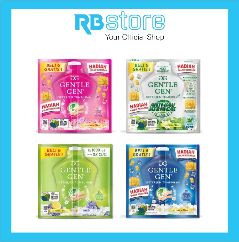Deterjen Cair Konsentrat Gentle Gen Saset 80ml - Varian Beragam (14 pcs) - Minyak, Jamur