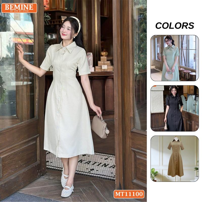 Đầm thiết kế BEMINE cổ sơ mi có cúc dáng chữ A phù hợp đi làm-MT11100