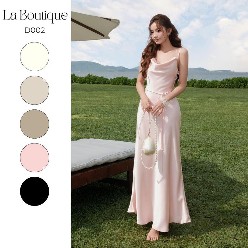 La Boutique - Đầm lụa nữ hai dây kín lưng cổ đổ 1 lớp dày dặn vải lụa nhung xược cao