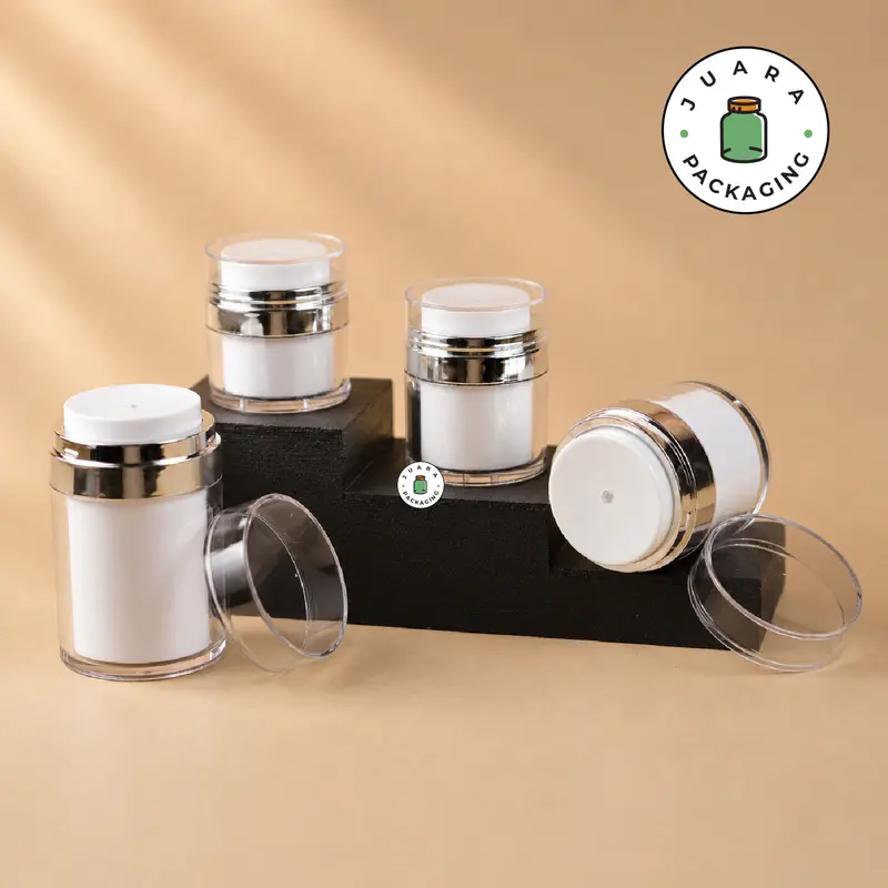 Pot Cream Airless 30ml Bahan Akrilik dengan List Silver & Pump – Wadah Kosmetik Elegan untuk Skincare, Krim Wajah, Lotion, Serum, Kemasan Refill Jar Premium 30 ml
