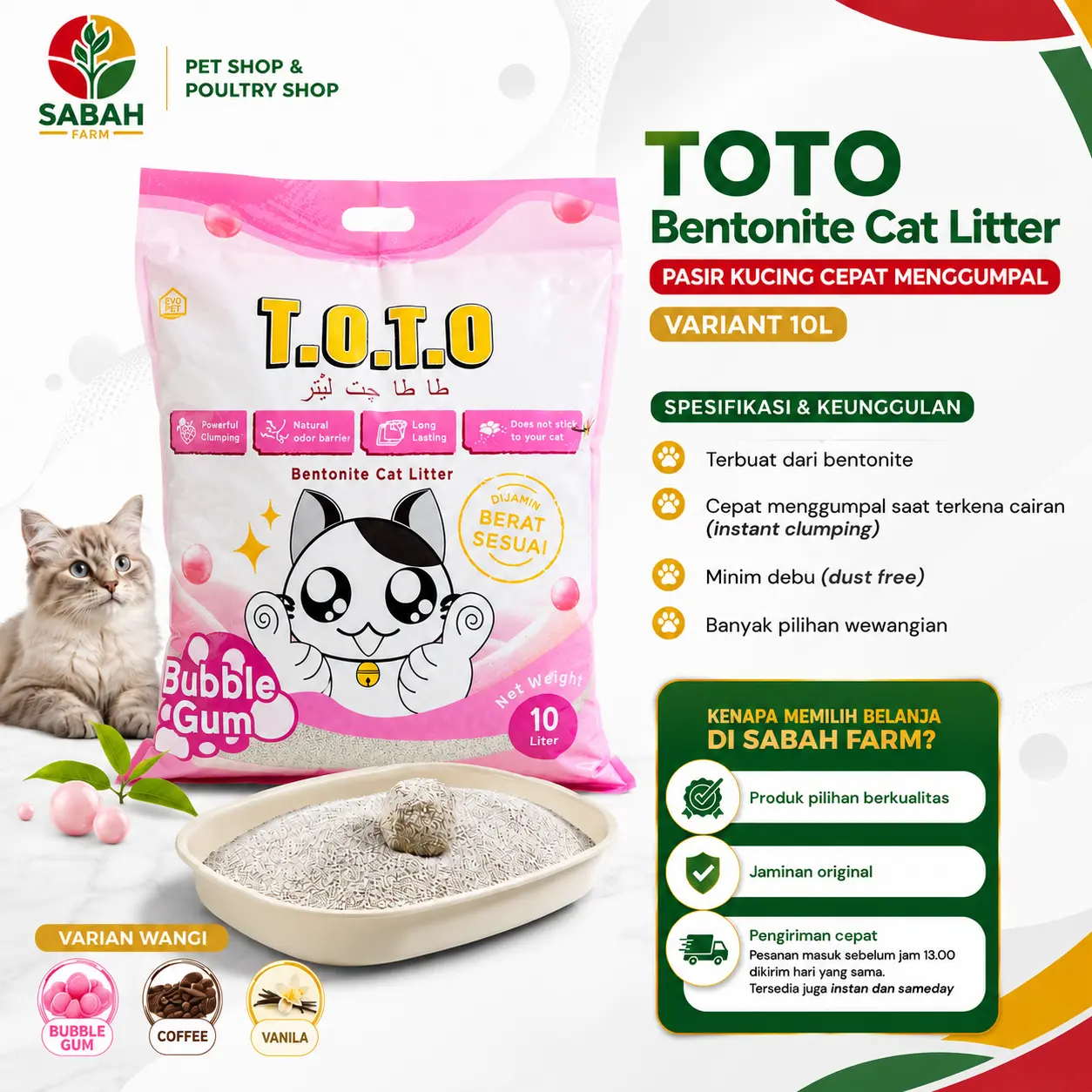 TOTO Bentonite Cat Litter 10L Bubble Gum - Pasir Kucing Bentonite Cepat Menggumpal Dust Free Anti Bau
