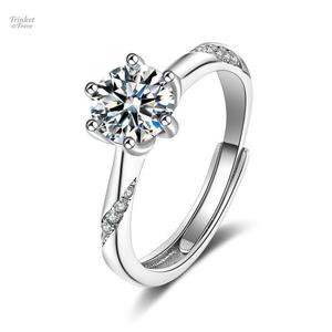 Nhẫn mở sáu móng cổ điển nữ đá Moissanite trang sức sang trọng độc đáo có thể điều chỉnh