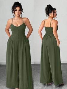 Traje de primavera/verano para mujer talla grande, elegante, con tirantes abotonados, cintura plisada y pierna ancha, largo, tipo mono