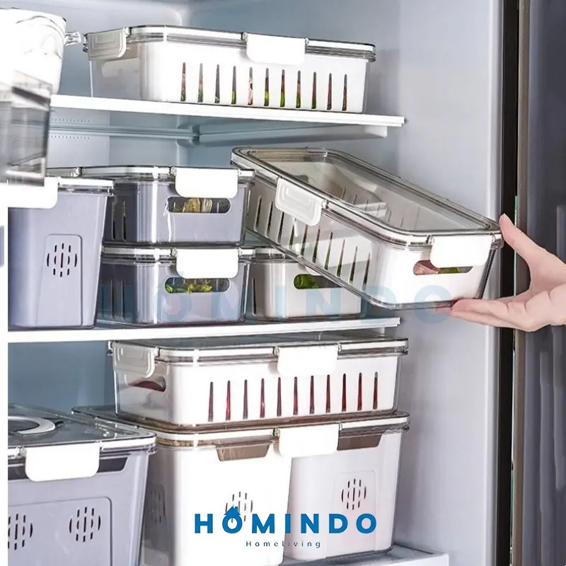 (BISA COD) HOMINDO Kotak Penyimpanan Kulkas Food Container Serbaguna dengan Saringan  Plastik Buah Cuci Sayuran Putih Wadah 5