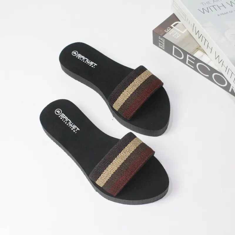 Sandal Flat Wanita Dewasa Selop Rajut Kombinasi Tanpa Hak Terbaru 5