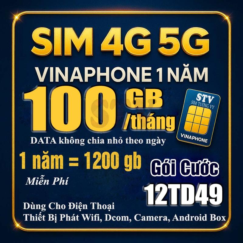 Sim 4G 5G Vinaphone 12TD49 Trọn gói miễn phí 1 năm không phát thêm chi phi khác ( 100gb/ mỗi tháng x 12 tháng miễn phí)