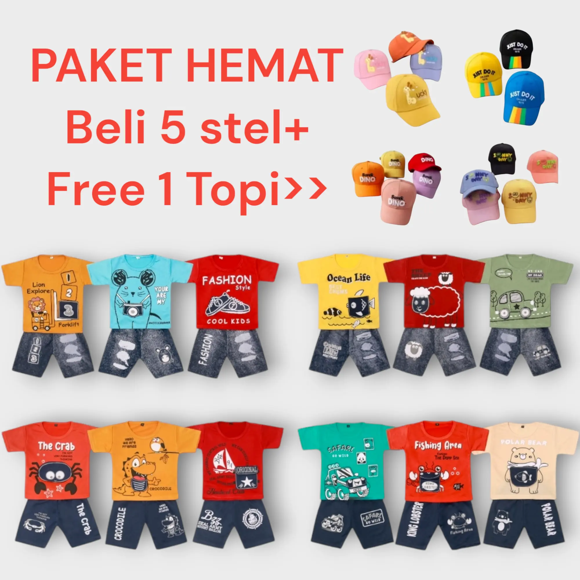 PAKET 5 stel+free 1 TOPI anak lucu / SETELAN ANAK COWOK RANDOM 0-4 TAHUN/ SETELAN ANAK LAKI LAKI