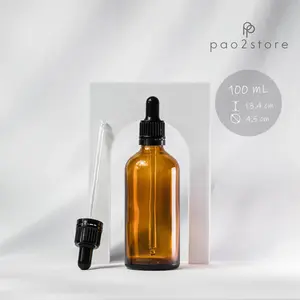 Botol Pipet / Dropper 100ml Kaca Tebal Amber Coklat - Ring Karet Hitam Garis Segel Seal - Serum Essence Oil Tetes