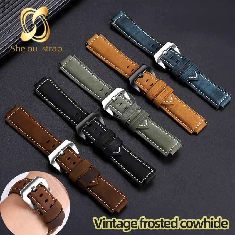Cowhide Watch Strap For EFB-680 ECB-10YD Black Armygreen Blue And Silver/Black Button Watchband 24mm