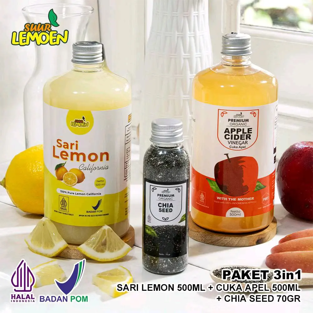 SUUR LEMOEN - Paket Hemat/Cuka Apel 500ml + Sari Lemon 500ml + Chia seeds 70gr - Sari Cuka Apel Organik With The Mother