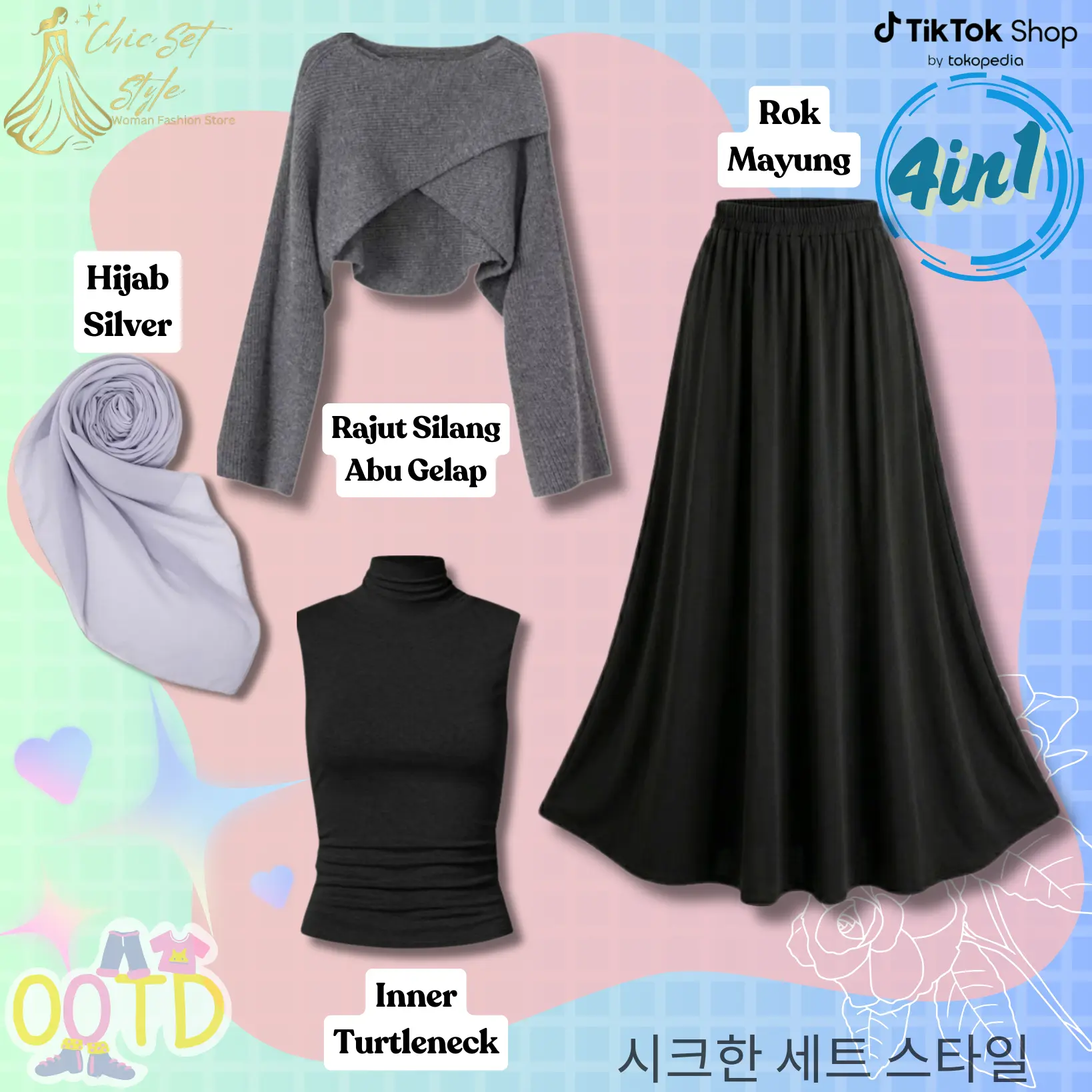 4in1 (Hijab (Silver)+Sweater (Abu)+Inner+Rok)