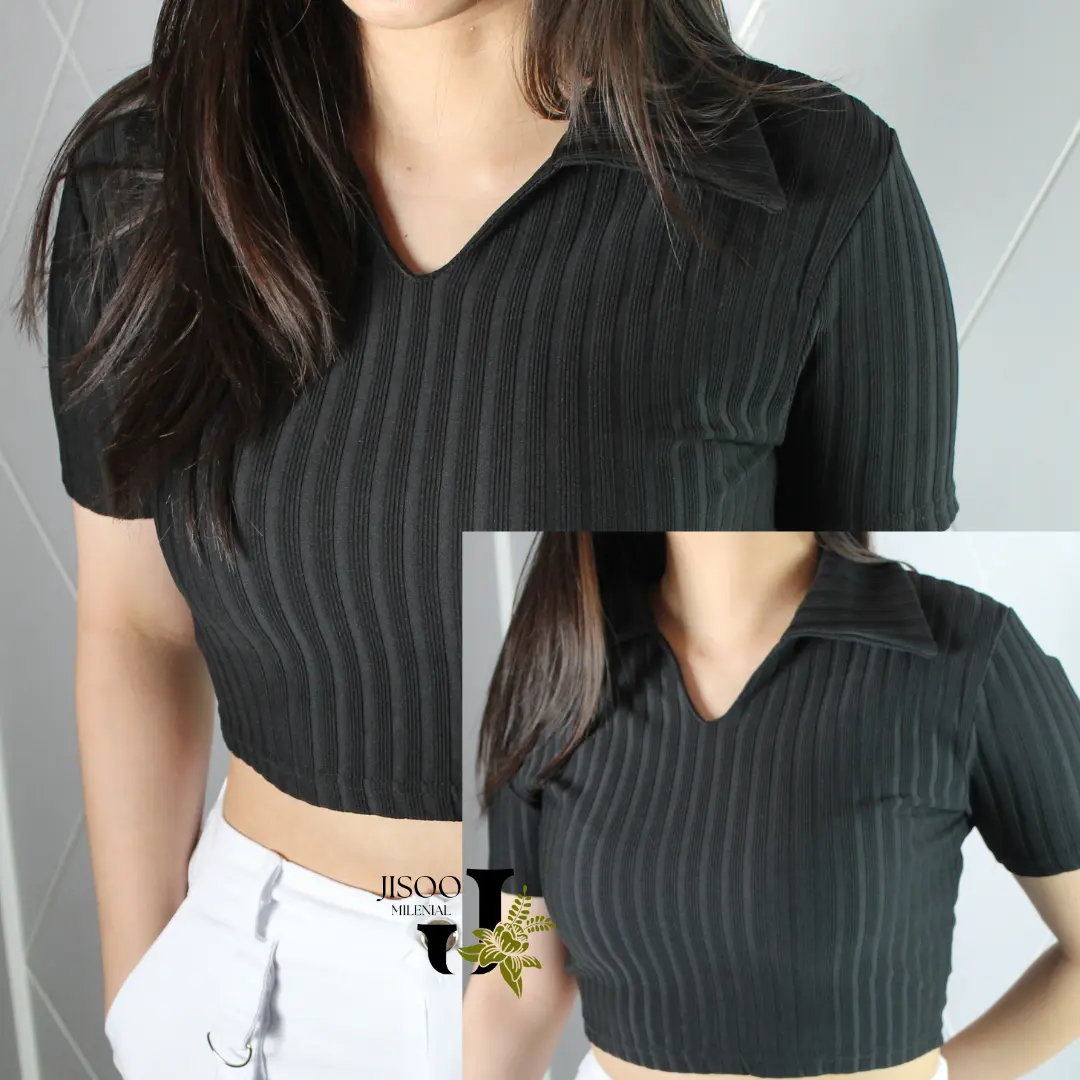 JISOO Polo Crop Top Rib Knit Wanita - Bahan Import Kualitas Premium Atasan Knitwear Kerah Tee Simple Fit