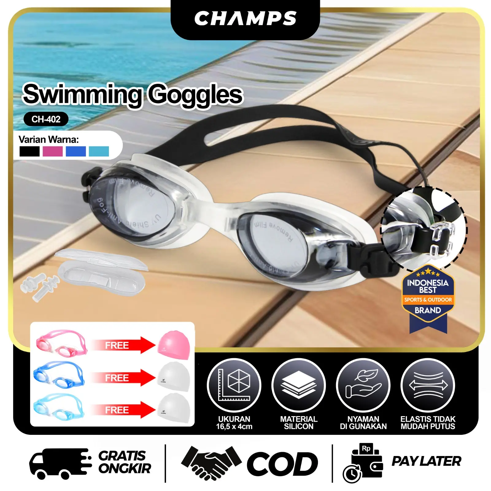 CHAMPS Swimming Goggles CH-402 | Kacamata Renang Anti Fog Anti UV Big Frame dengan Ear Plug