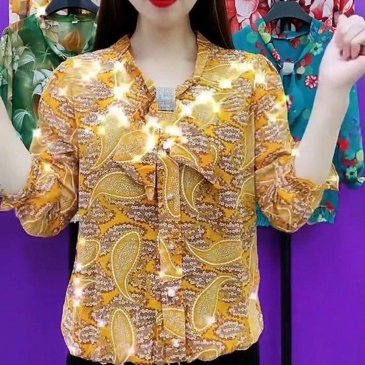 Áo Voan, Phong Cách Mới, Dành Cho Mẹ TRUNG NIÊN, Thời Trang, Áo Sơ Mi Nhỏ Phong Cách Phương Tây, In Cao Cấp, Cài Nút, Dáng Rộng Vừa Vặn, Áo Thanh Lịch, Dành Cho Nữ 7
