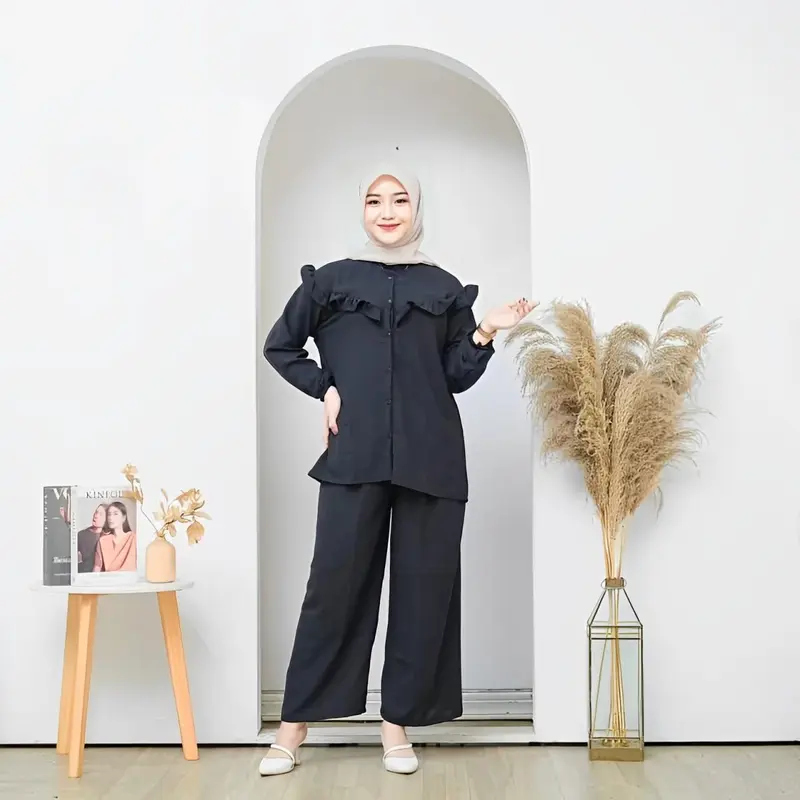 setelan wanita one set outfit remaja terbaru oversize Sena baju wanita jumbo xl xxl one set kekinian simple  Crinkle Muslim Airflow Celana Panjang Kulot Remaja setelan wanita jumbo Atasan Casual Dewasa Tunik Katun Bawahan Nyaman Santai Harian 1