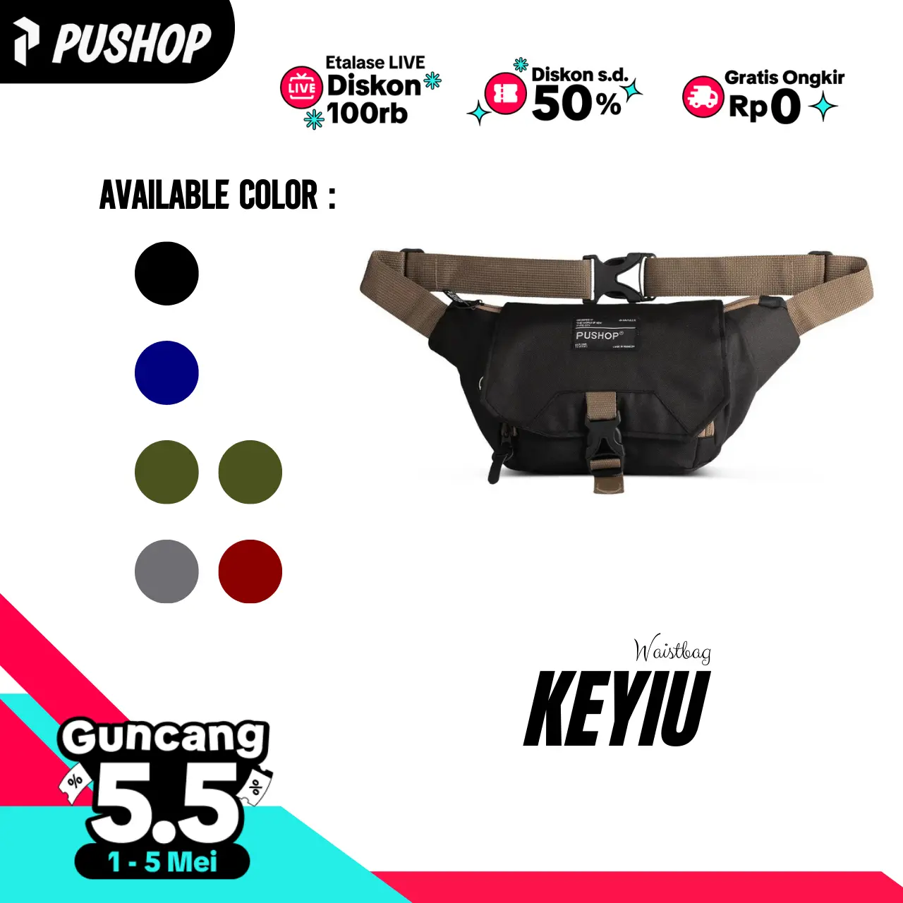 PUSHOP Tas Selempang Pria Wanita KEYIU - Slingbag Uniseks Waistbag Tas Pinggang Kanvas
