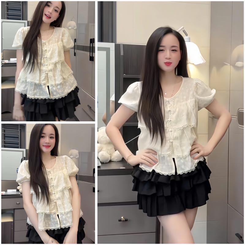 [ XẢ KHO ] Sét Áo Tiểu Thư Ren Hoa Tầng Xoè Kèm Chân Váy Tầng Xoè Xinh Xắn