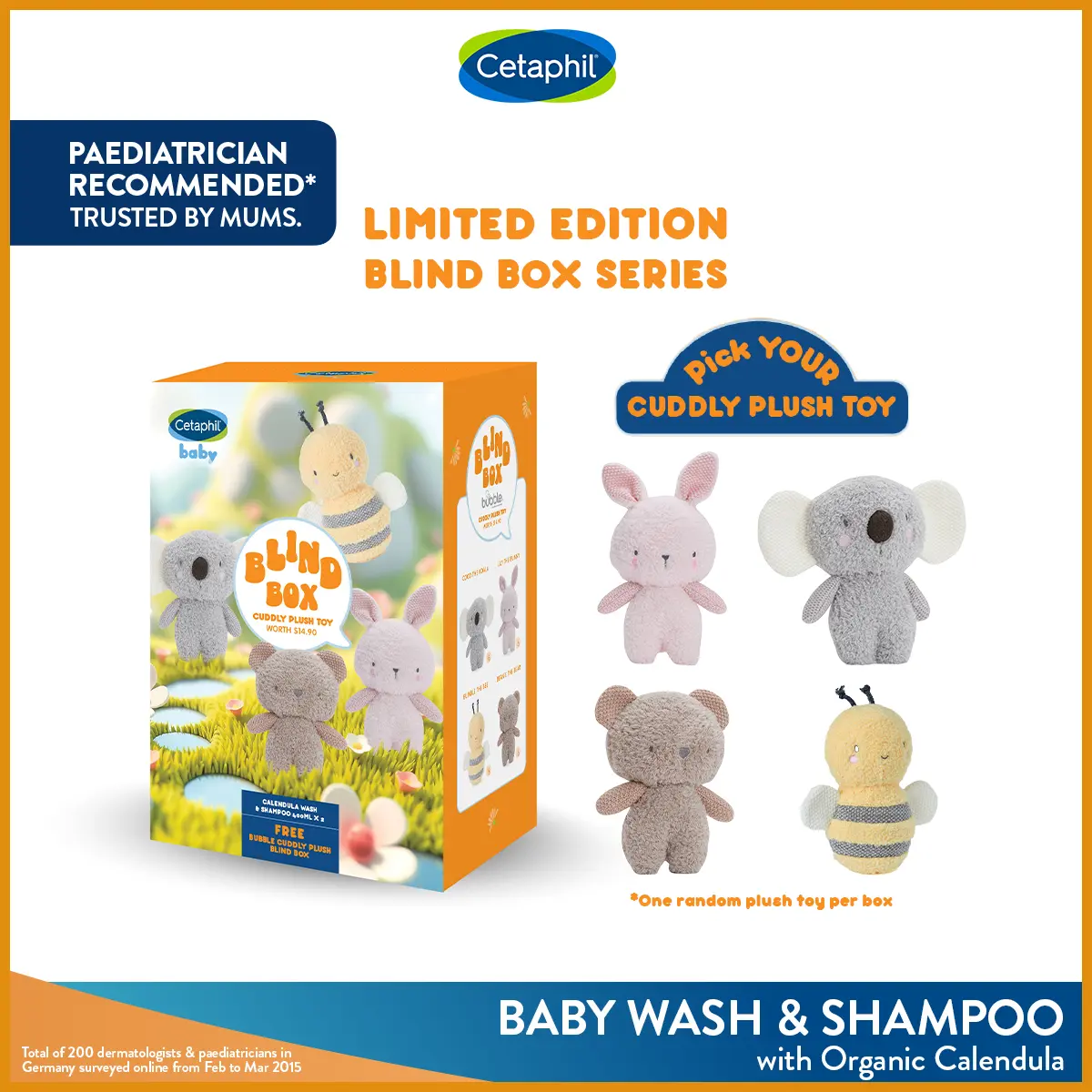 CETAPHIL BABY Wash & Shampoo with Organic Calendula 400ml Twin Pack + Cuddly Plush Blind Box