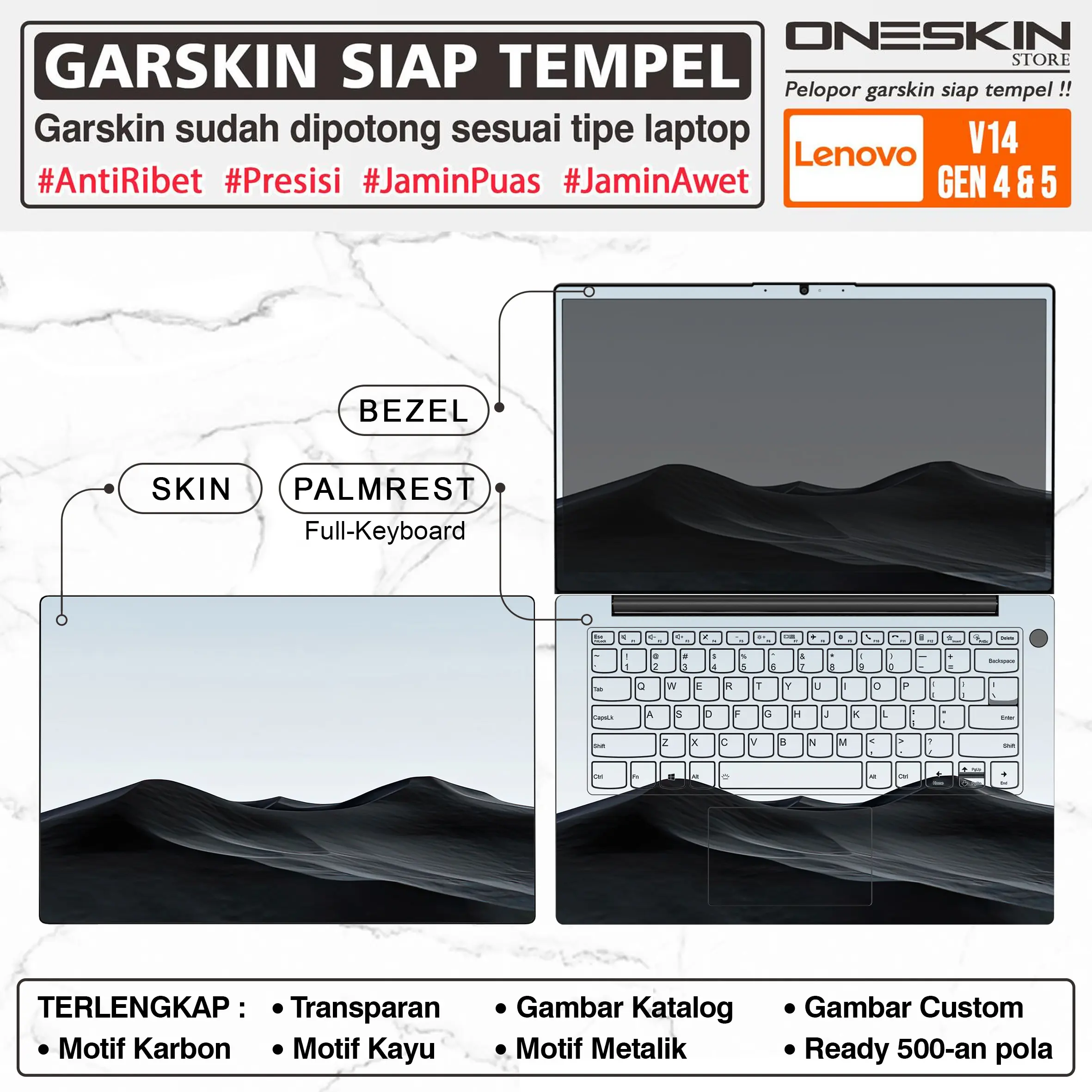 Precut Garskin Sticker Laptop Skin Perfect Fit Kompatibel dengan Lenovo V14 G4 ABP AMN IRU G5 IRL Gen 4 5 Gambar Fullbody Karbon