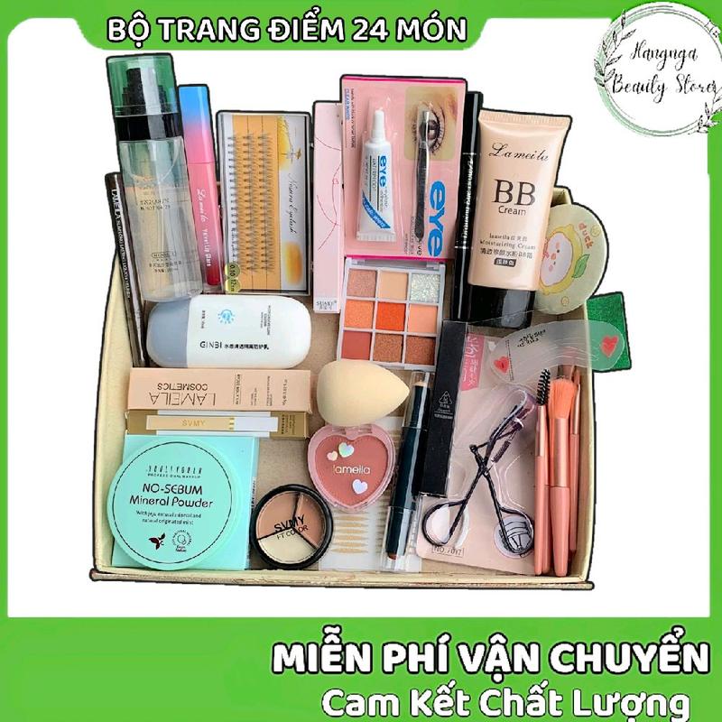  Bộ Trang Điểm 24 món gồm Xịt khoá make-up Bảng phấn mắt Kem nền Kẻ mắt Kẻ mày Bộ cọ Kẹp cong mi Son Phấn phủ.. đầy đủ như hình Mỹ Phẩm 