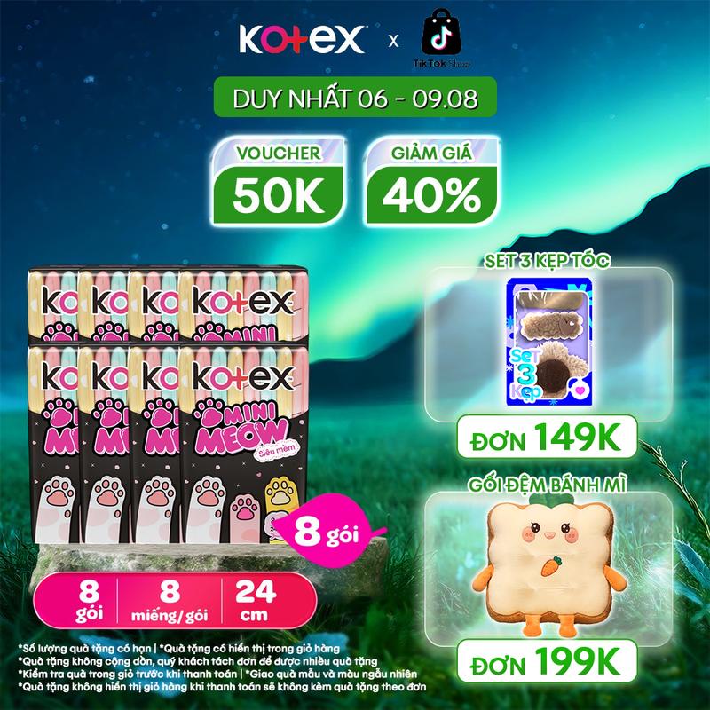 [QUÀ TẶNG HOT] 8 gói băng vệ sinh nữ nhập khẩu Kotex MiniMeow 24cm siêu mỏng cánh, Mặt bông, Siêu mềm, thoáng khí, bvs mèo tiện lợi, khủ mùi, chống tràn, ngày ít, 8 miếng/gói, bvs kinh nguyệt nhiều, miễn phí vận chuyển, bvs chính hãng, tampon.