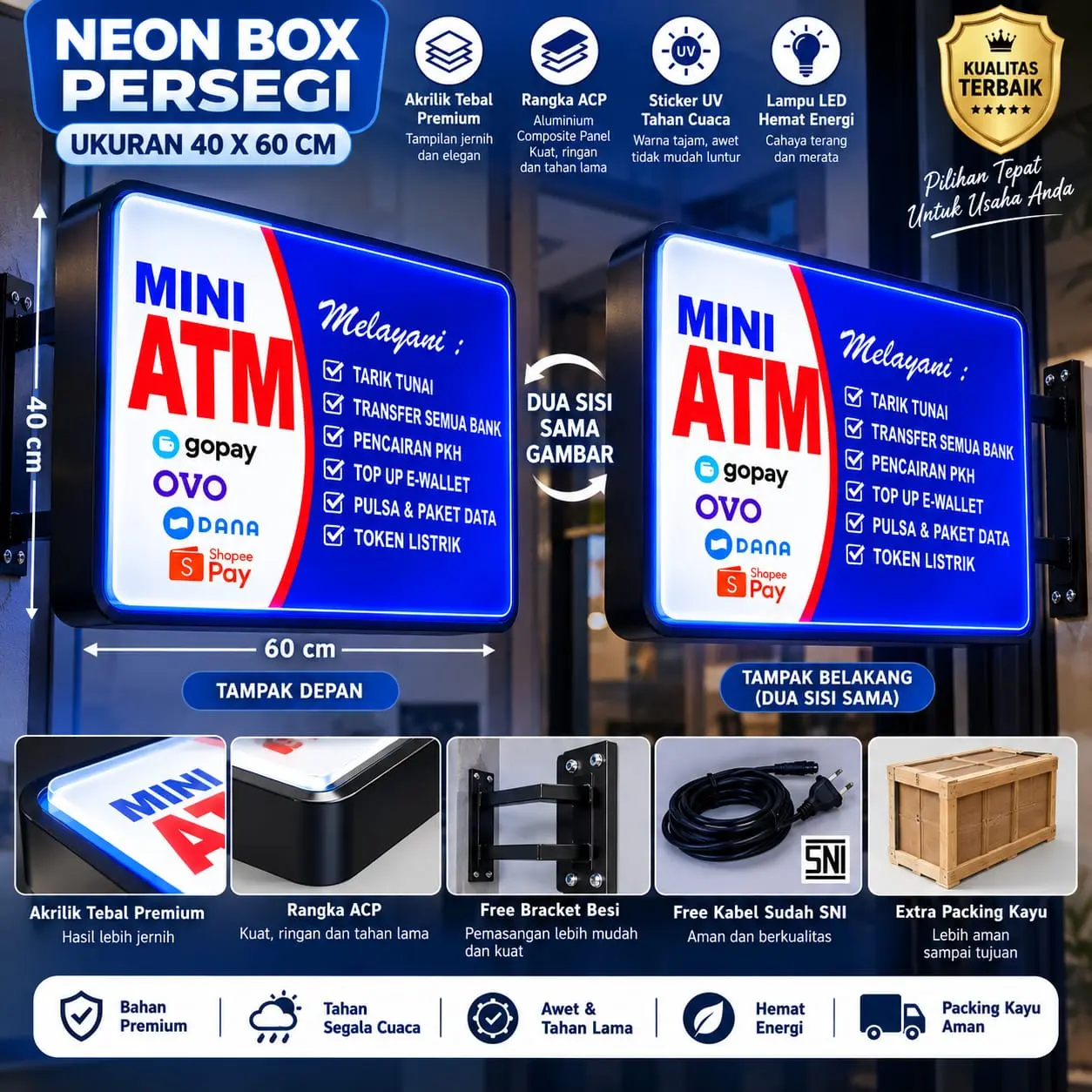 Neon Box Akrilik Dua Sisi Persegi Panjang (40x60) Custom Desain | Neon Sign Akrilik Tahan Air  Kotak
