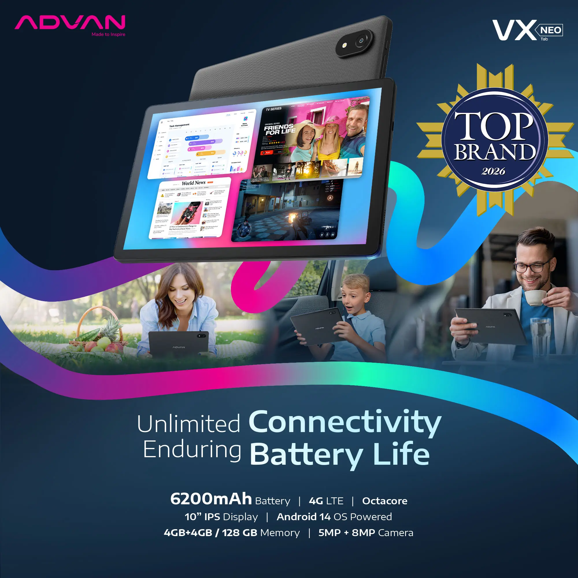 ADVAN VX Neo 4GB/128GB 10.1" inch IPS Dual SIM Tablet Android 14 6200 mAh Garansi 1 Tahun