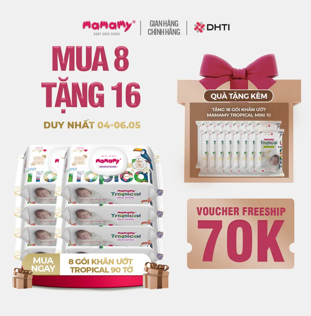 [MUA 8 TẶNG 16] MUA 8 gói khăn ướt Mamamy Tropical 90 tờ cao cấp chính hãng cho mẹ và bé, sợi vải thuần tự nhiên và rayon, x2 chất chống hăm, bổ sung tinh chất thiên nhiên TẶNG 16 gói khăn ướt Mamamy Tropical mini 10 tờ tinh dầu cúc vạn thọ