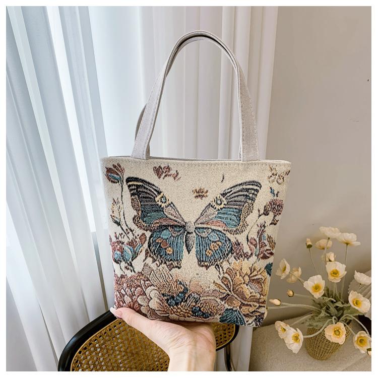 Túi xách tay nữ vải canvas hai mặt thêu hoa văn dễ thương thời trang mới đa năng có khoá kéo TT402