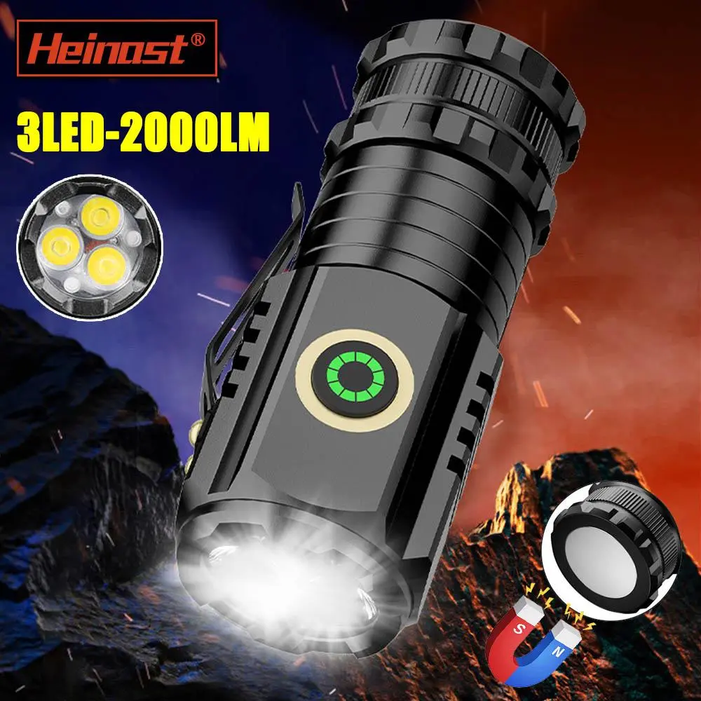 Portable Mini LED Flashlight 3LED Ultra Strong Flash Light Powerful Tactical Torch USB Rechargeable Outdoor Camping Hiking Night Fishing Lamp Waterproof