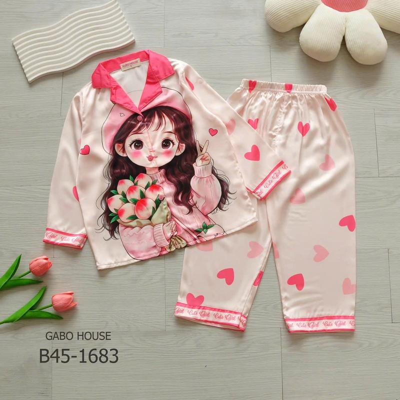 Phom to - Pijama dài lụa latin cho bé gái in hình hoạt hình dễ thương đồ ngủ cao cấp GABO House E71, B43, B45