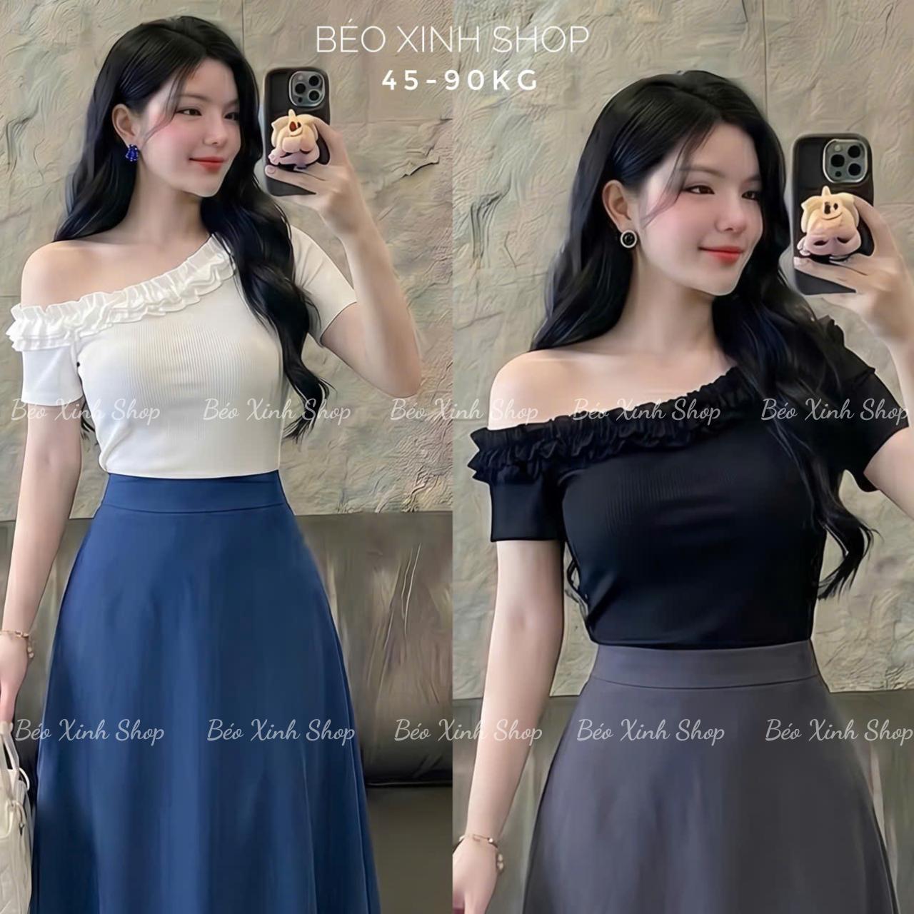 Áo Thun Nữ Trễ Vai Phối Bèo Nhún (From Ôm Body) Vải Thun Gân Tăm Cao Cấp Thanh Lịch Trẻ Trung Cho Nàng Bigsize 45–90kg - A.1808