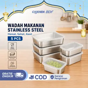 5PCS Tempat Wadah Makanan Kontainer Makanan Sayuran Food Box Stainless 304 Tahan Suhu Ekstrem & Kedap Udara untuk Dapur Modern - Baja