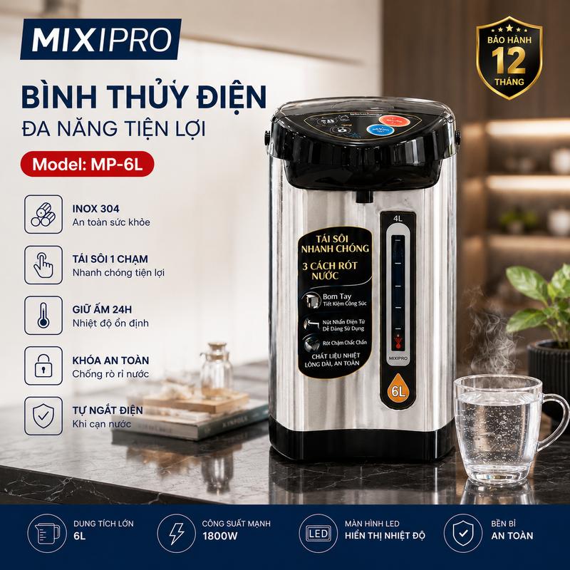 Bình Thủy Điện MIXIPRO 6L Inox 304 Cao Cấp – Đun Siêu Tốc, Giữ Nhiệt Lâu, 3 Chế Độ Rót Thông Minh
